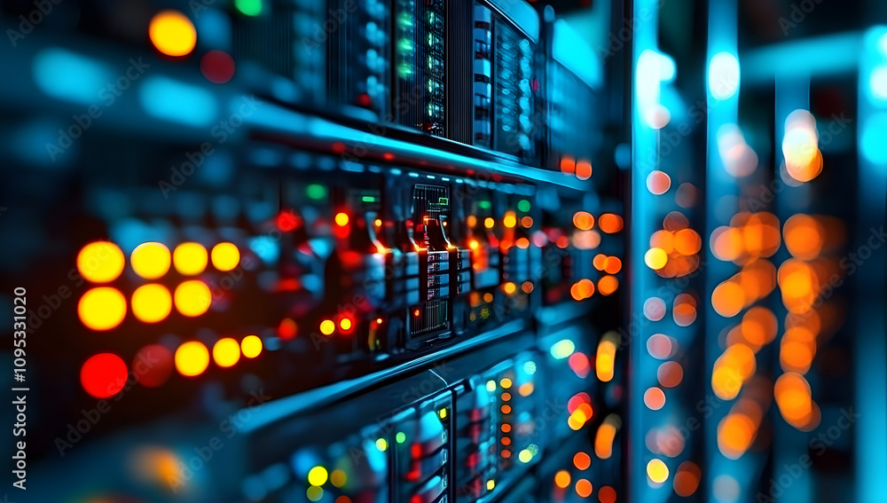 Aufkleber modern rack led console in server room data center. generative ai.
