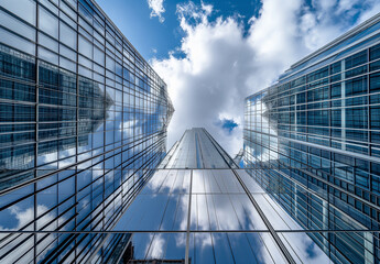 Fototapeta premium Skyscrapers in London's financial district reflect the blue sky and white clouds