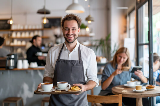 Happy male waitress serves coffee and food in a modern cafe with customers enjoying their time