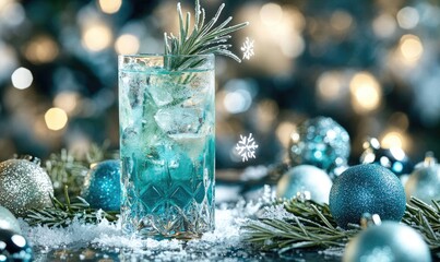 A blue drink with ice in a glass is on a table with Christmas decorations