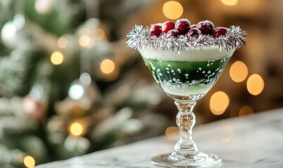 A glass of green liquid with a bunch of red berries on top