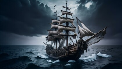 Fototapeta premium 칠흙같은 바다 위를 항해하는 해적선