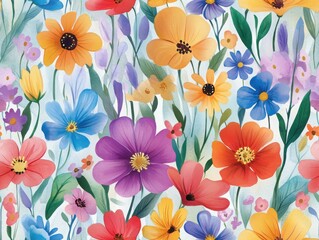 Vibrant seamless pattern  brushstroke concept. A vibrant floral pattern featuring a variety of colorful flowers, creating a lively and cheerful atmosphere.