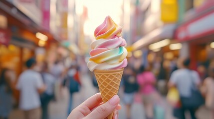 Rainbow soft serve ice cream cone held in hand against a blurred city street background.