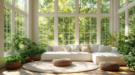 Sunlit living room with large windows, white sofa, and plants.