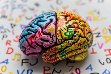 Colorful brain model covered with letters and numbers, symbolizing literacy, language learning, and knowledge acquisition