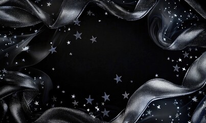 A black background with a silver ribbon and stars