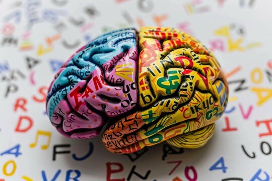 Colorful brain model covered with letters and numbers, symbolizing literacy, language learning, and knowledge acquisition