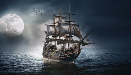 Fototapeta premium 칠흙같은 바다 위를 항해하는 해적선