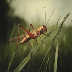 Reddish-brown grasshopper perched on green grass blade.
