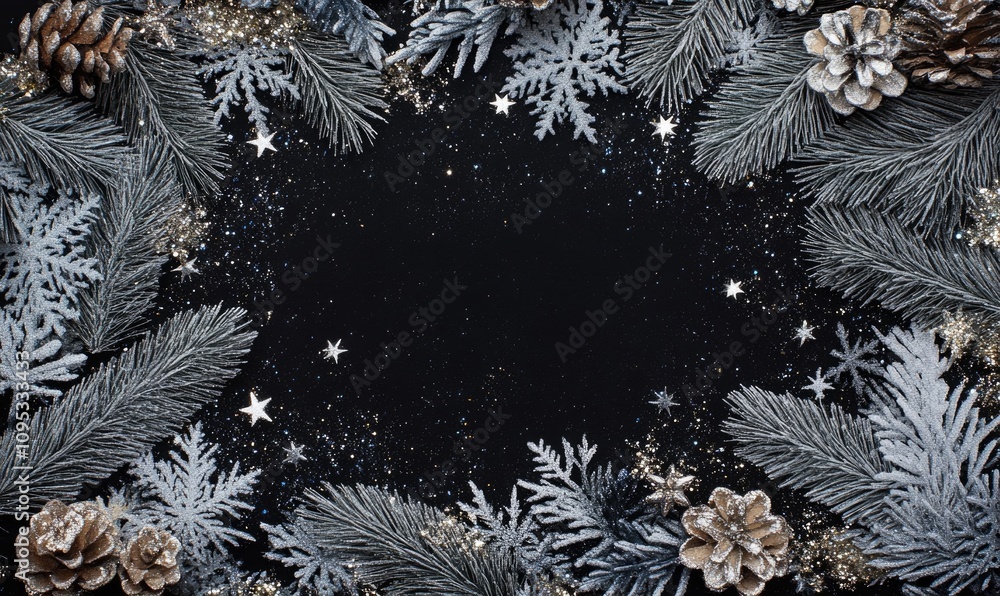 Poster a black background with a snowflake pattern and a star