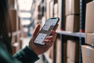 A person using a smartphone in a storage space. The screen shows a simple interface for managing inventory. Efficient organization is key in logistics. Generative AI