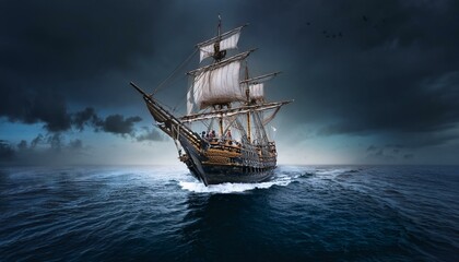 Fototapeta premium 칠흙같은 바다 위를 항해하는 해적선
