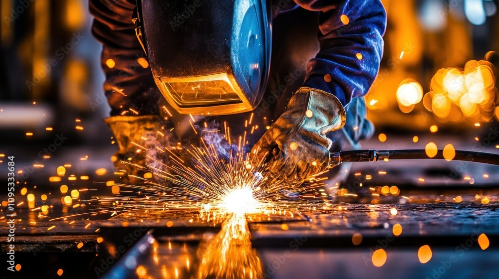 Poster welder working with sparks flying from welding torch