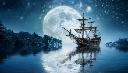 Fototapeta premium 칠흙같은 바다 위를 항해하는 해적선