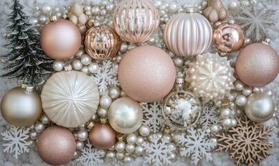A bunch of white and pink ornaments with snowflakes on them