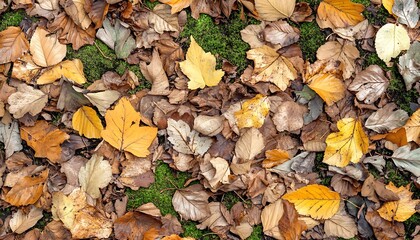 A carpet of autumn leaves in various colors on a mossy ground.