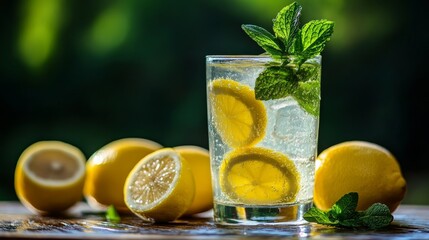 Fototapeta premium Refreshing Iced Lemon-Mint Beverage in a Glass