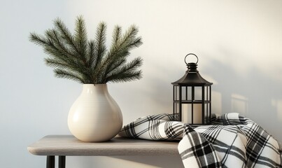 A white vase with a green pine tree in it sits on a wooden table