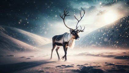 a reindeer walking through the snow