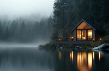 Fototapeta premium a small but modern house in the forest on the shore of a lake in the evening, lights are on in the windows