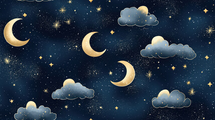 Fototapeta premium A pattern of stars and clouds with a moon and three crescent moons