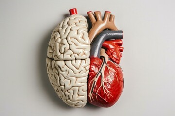 Realistic anatomical models of a human brain and heart connected together, symbolizing the crucial link between thoughts, emotions, and physical well being