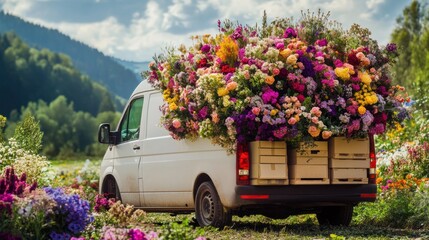 Colorful Flower Delivery Van in a Blooming Field