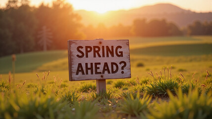 Springtime field with "Spring Ahead?" sign under golden sunlight