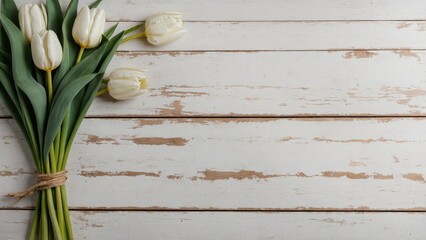 Naklejka premium Rustic white wash painted old wood boards with twine tied bouquet of white tulip flowers flat lay mockup background