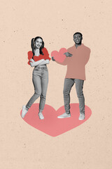 Trend artwork poster composite sketch image collage of couple young man lady hand hold heart gift...