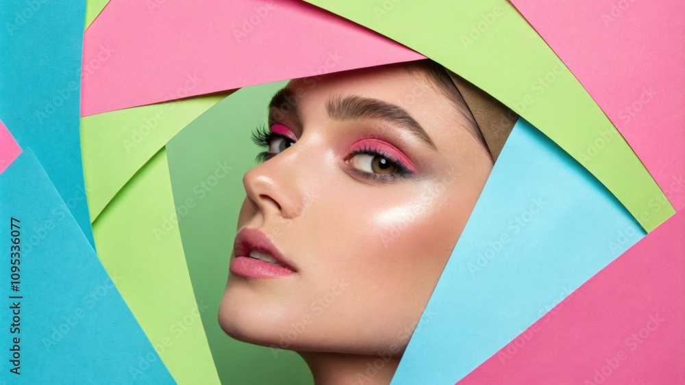 Poster featuring a face adorned with subtle makeup the individual is framed by abstract paper shapes in a k