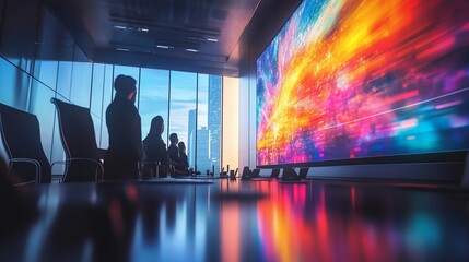 Businesspeople in modern office watching vibrant data display.