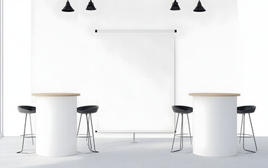 Trade show booth display kit mock-up. White blank expo tradeshow set template. Roll-up retractable banner stands, table counter, swivel bar stools. Realistic 3d vector mockup