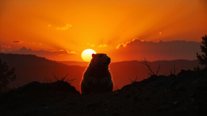 Groundhog observing golden sunset on mountaintop