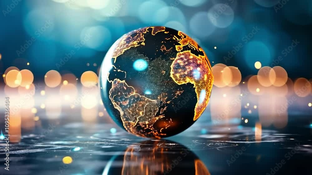 Poster globe is lit up with a bright light shining on it. the globe is surrounded by a blurry background of