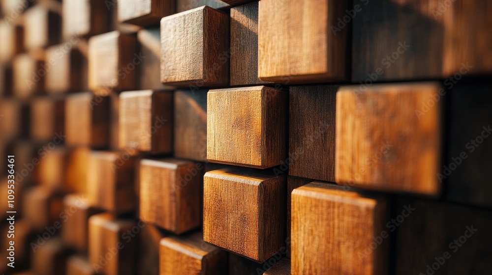 Poster detailed view of beautifully arranged wooden blocks creating an artistic pattern, showcasing texture