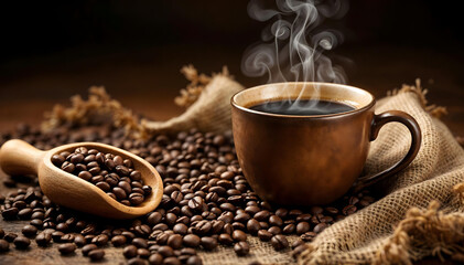 Steaming Hot Coffee with Roasted Coffee Beans,  a Steaming Cup of Coffee image for coffee shop banner