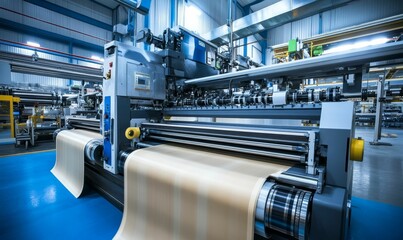 Industrial machine processing large beige roll.