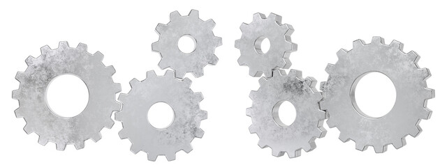 Realistic old gears system set. Isolated cogwheels. 3D rendering.