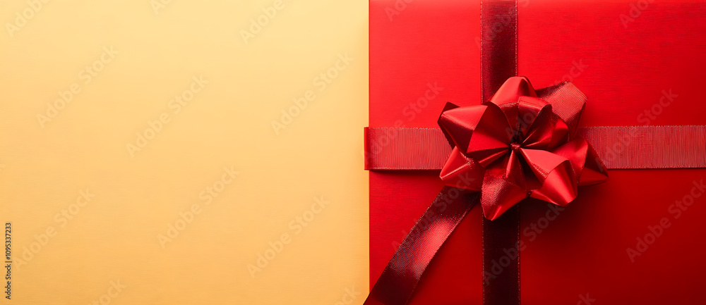 Poster top view of red ribbon rolled and red bow isolated on colored background. flat lay with copy space