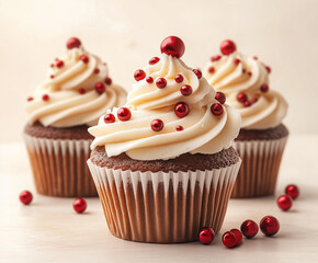 Festive cupcakes with creamy swirls of frosting, decorated with bright red sugar balls, perfect for holiday-themed designs. Great for Christmas, celebrations, and festive dessert projects