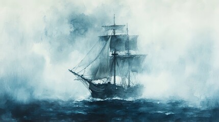 Fototapeta premium Sailing Ship Emerging From Misty Ocean Waters