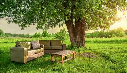 큰 나무 아래 대화를 할 수 있는 소파와 테이블이 놓여있다