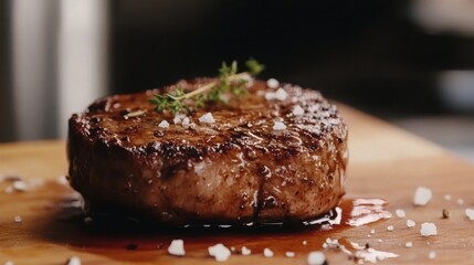 perfectly fried steak on a wooden cutting board, juices dripping from the meat