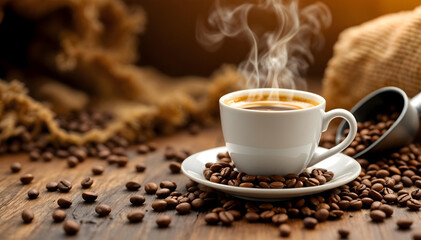 Dark Roast Coffee with Rich Aroma and Steam, Espresso Cup with Coffee Beans on a Dark Background
