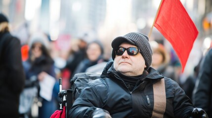 The determined expression of an activist advocating for disability rights in a protest march, highlighting accessibility and inclusivity, photography style