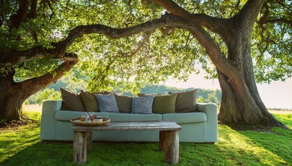 큰 나무 아래 대화를 할 수 있는 소파와 테이블이 놓여있다