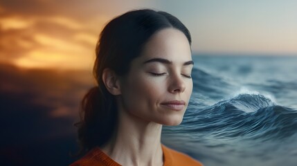 A serene woman meditating, blended with an image of a calm ocean, representing mental fortitude. Double Exposure. [Women]:[Strength]. 