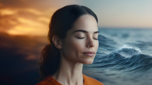 A serene woman meditating, blended with an image of a calm ocean, representing mental fortitude. Double Exposure. [Women]:[Strength]. 